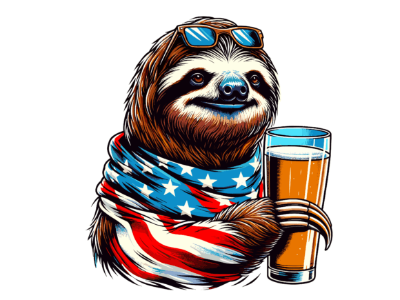 Sloth Holding Beer 4th of July USA Flag